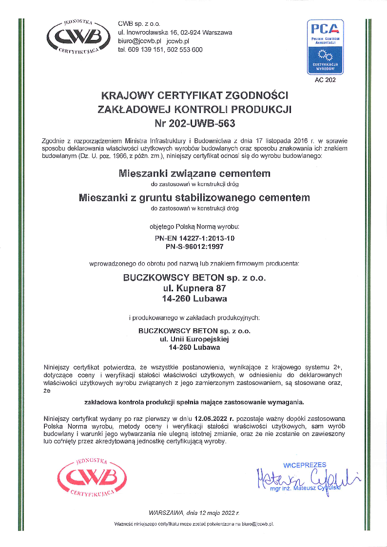 Buczkowscy Beton Certyfikat Lubawa