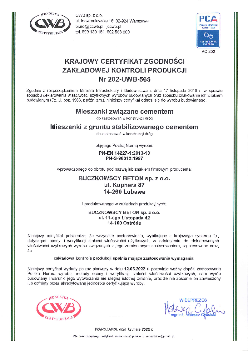 Buczkowscy Beton Certyfikat Lubawa